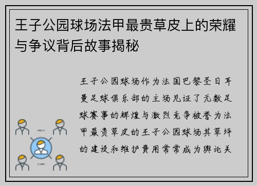 王子公园球场法甲最贵草皮上的荣耀与争议背后故事揭秘